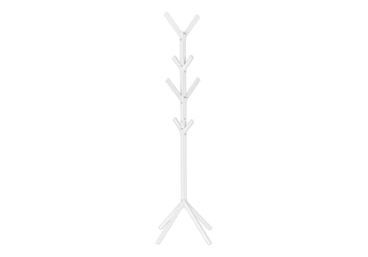 The Coat Rack Hall Tree is a free-standing, contemporary piece with a tall white pole and 8 symmetrical V-shaped hooks. Its four angled legs provide stability, making it perfect for modern entryways.