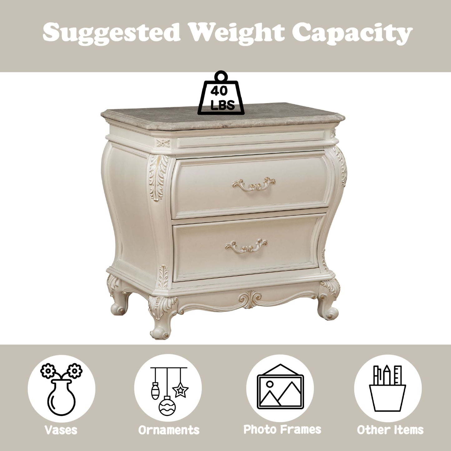 Displayed is the Chantelle Nightstand with a granite top in white, featuring an ornate, vintage-style design with two drawers and a 40 lbs suggested weight capacity. Icons below suggest adding vases, ornaments, photo frames, or other decorative items.