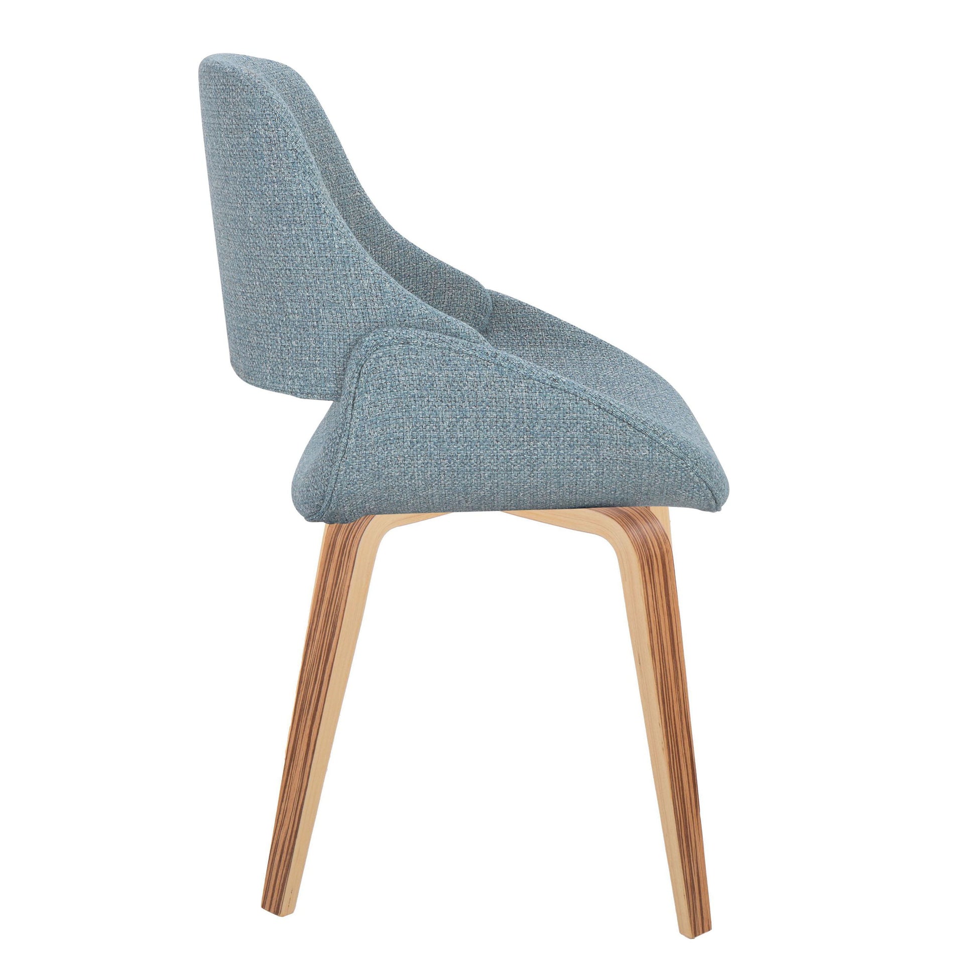 The Fabrico - Mid Century, Modern Dining Chair (Set of 2) features smooth curves, a light blue upholstered seat and backrest, and light wooden legs, shown from a side view on a white background.