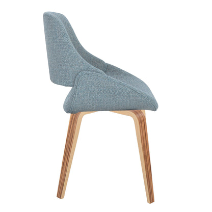 The Fabrico - Mid Century, Modern Dining Chair (Set of 2) features smooth curves, a light blue upholstered seat and backrest, and light wooden legs, shown from a side view on a white background.