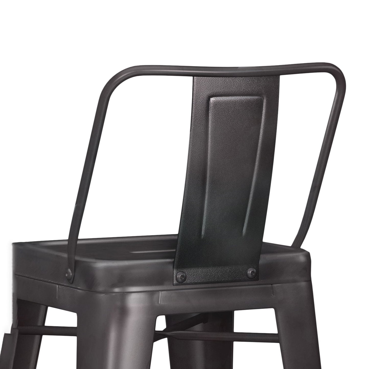 A close-up of the Rayne Multifunctional Metal Stool, featuring a black metal frame, rectangular seat, open sides, and a rectangular backrest with a centered vertical panel, photographed against a white background.