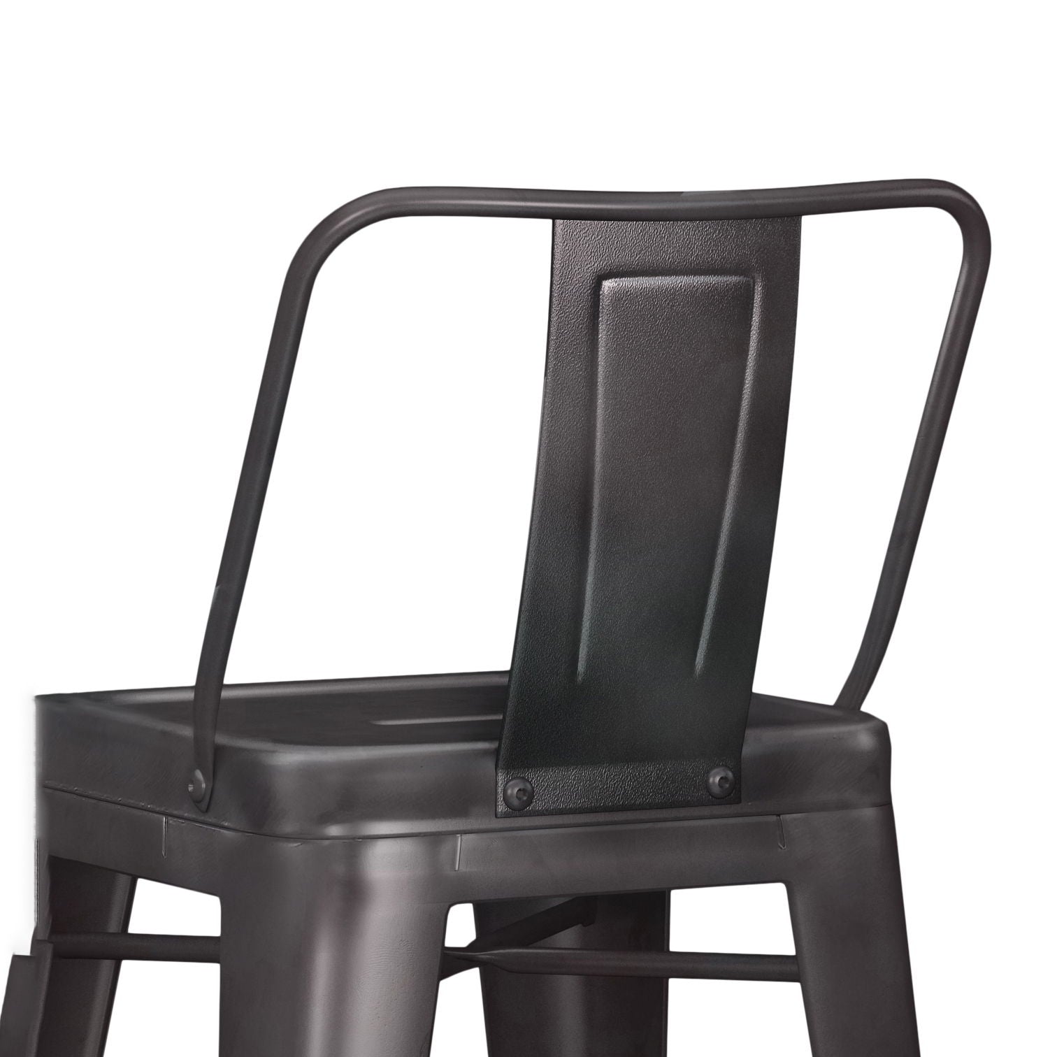 A close-up of the Rayne Multifunctional Metal Stool, featuring a black metal frame, rectangular seat, open sides, and a rectangular backrest with a centered vertical panel, photographed against a white background.
