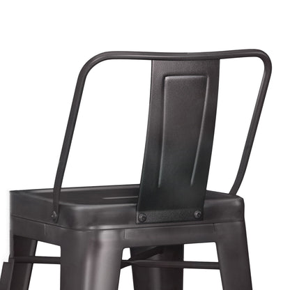 A close-up of the Rayne Multifunctional Metal Stool, featuring a black metal frame, rectangular seat, open sides, and a rectangular backrest with a centered vertical panel, photographed against a white background.
