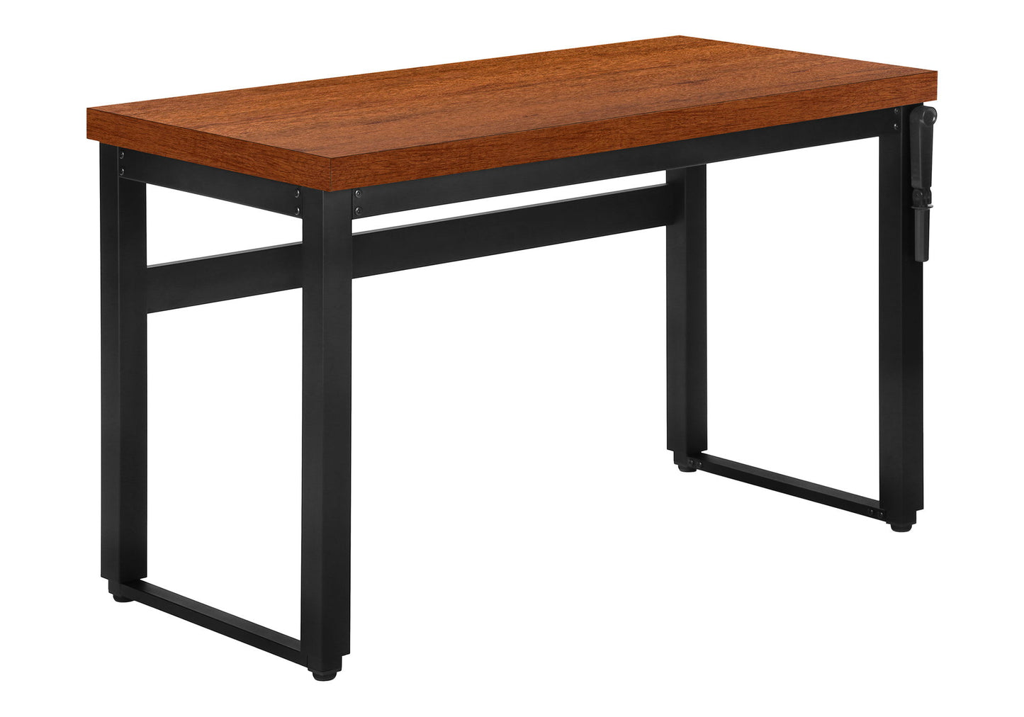 A contemporary and modern computer desk with a thick dark brown wooden top and black metal legs, ideal for home office use; features an adjustable standing design, perfect for laptops.