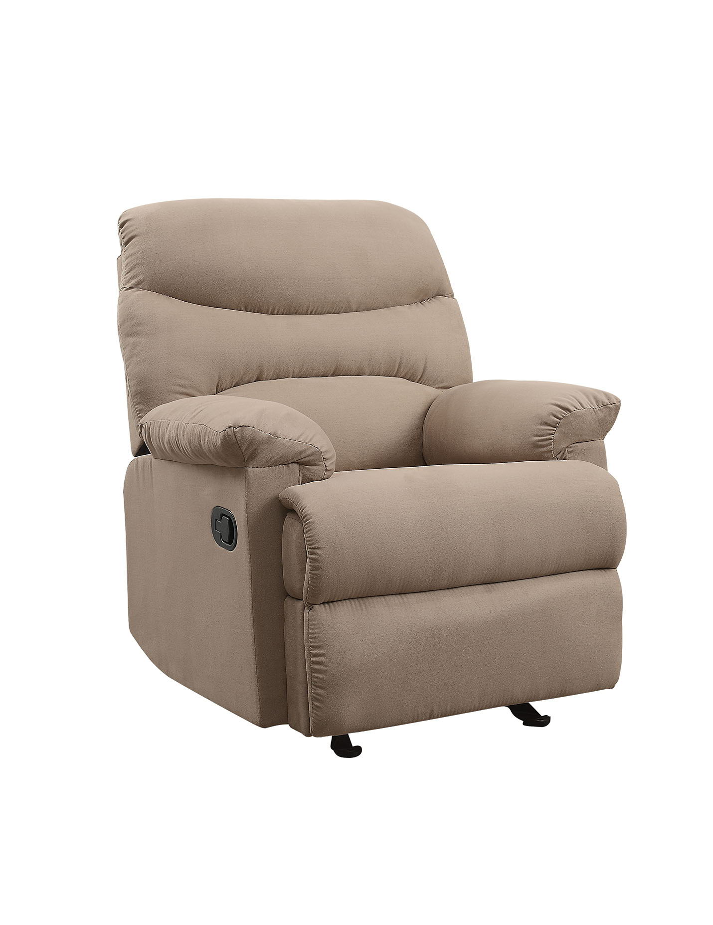 The Arcadia - Micro Motion Glider Recliner is a beige fabric chair with padded armrests and backrest, featuring a side lever for reclining, shown against a plain white background.