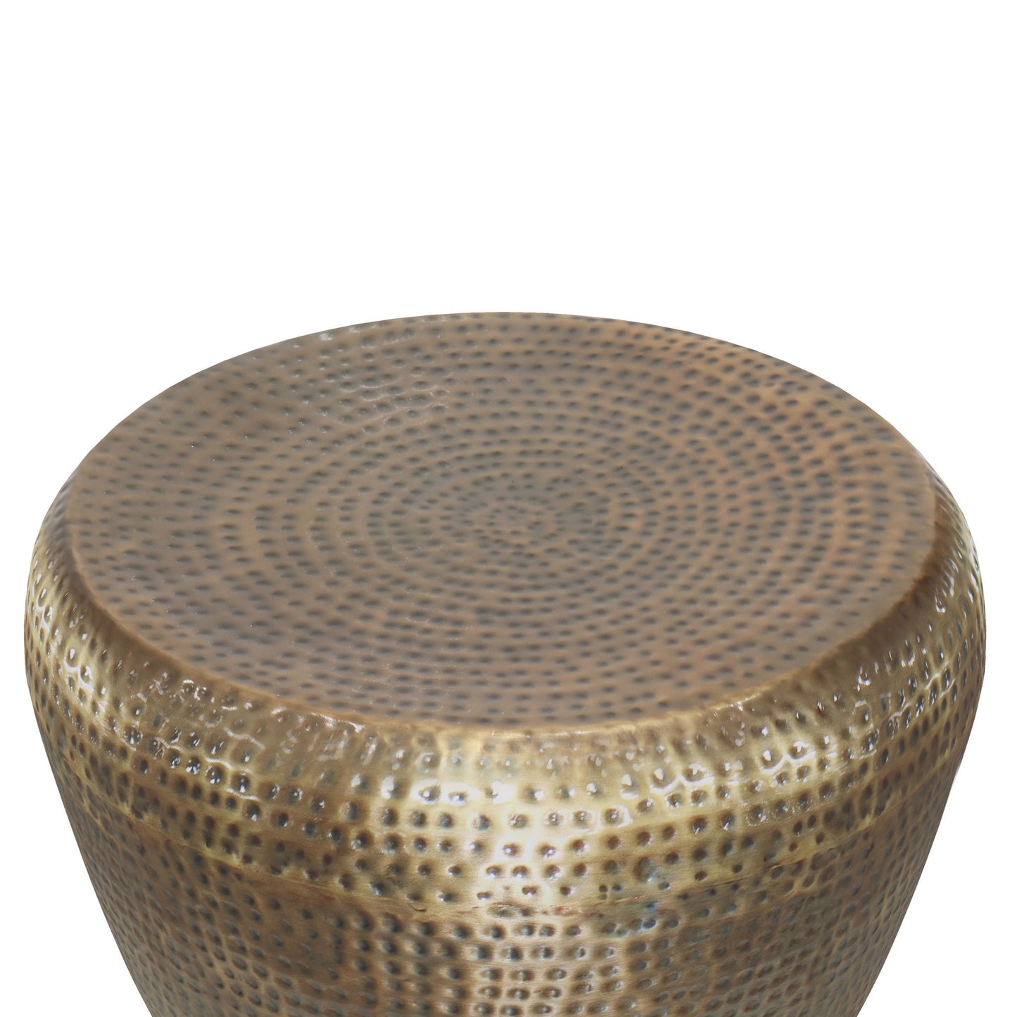 The Preston - Handcrafted Metal Side Table features a round, hammered design with a dimpled bronze finish, shown from an overhead angle.