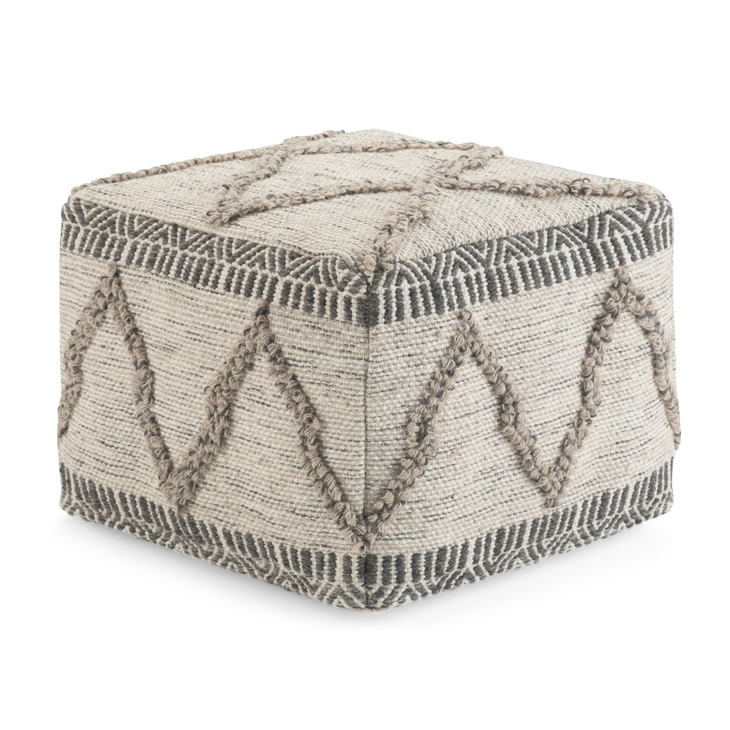 The Sweeney Upholstered Square Pouf features a beige woven fabric exterior with raised geometric patterns in a darker tan, showcasing zigzag and linear designs on its sides and top.