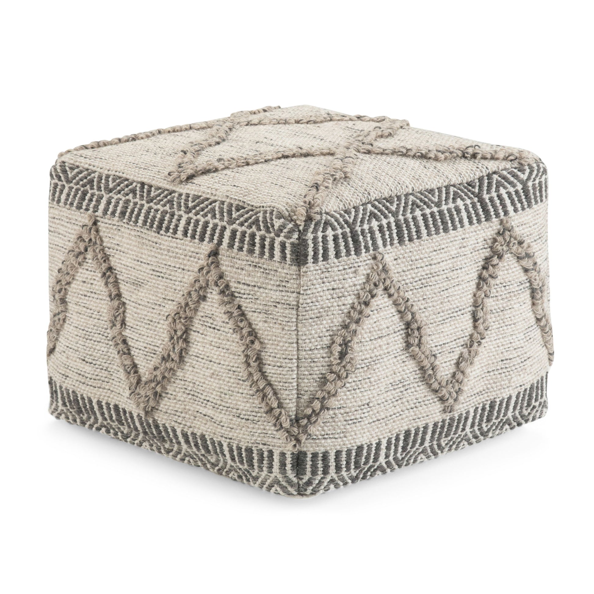 The Sweeney Upholstered Square Pouf features a beige woven fabric exterior with raised geometric patterns in a darker tan, showcasing zigzag and linear designs on its sides and top.