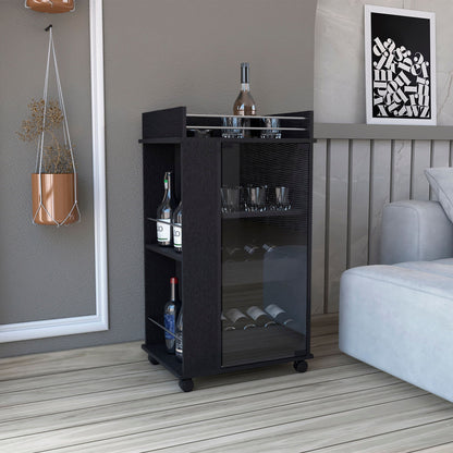 The Bar Cart With Glass Door, 2 Side Shelves And Casters - Black holds wine bottles and glasses beside a light gray sofa in a stylish living room with wood floors and modern decor.