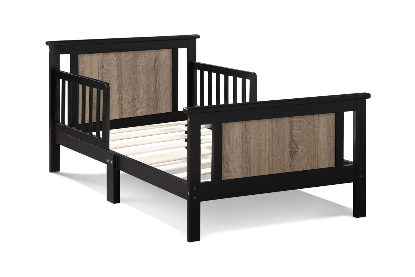 The Connelly Reversible Panel Toddler Bed has black rails and legs, light wood headboard and footboard panels, open sides, and a slatted mattress support.