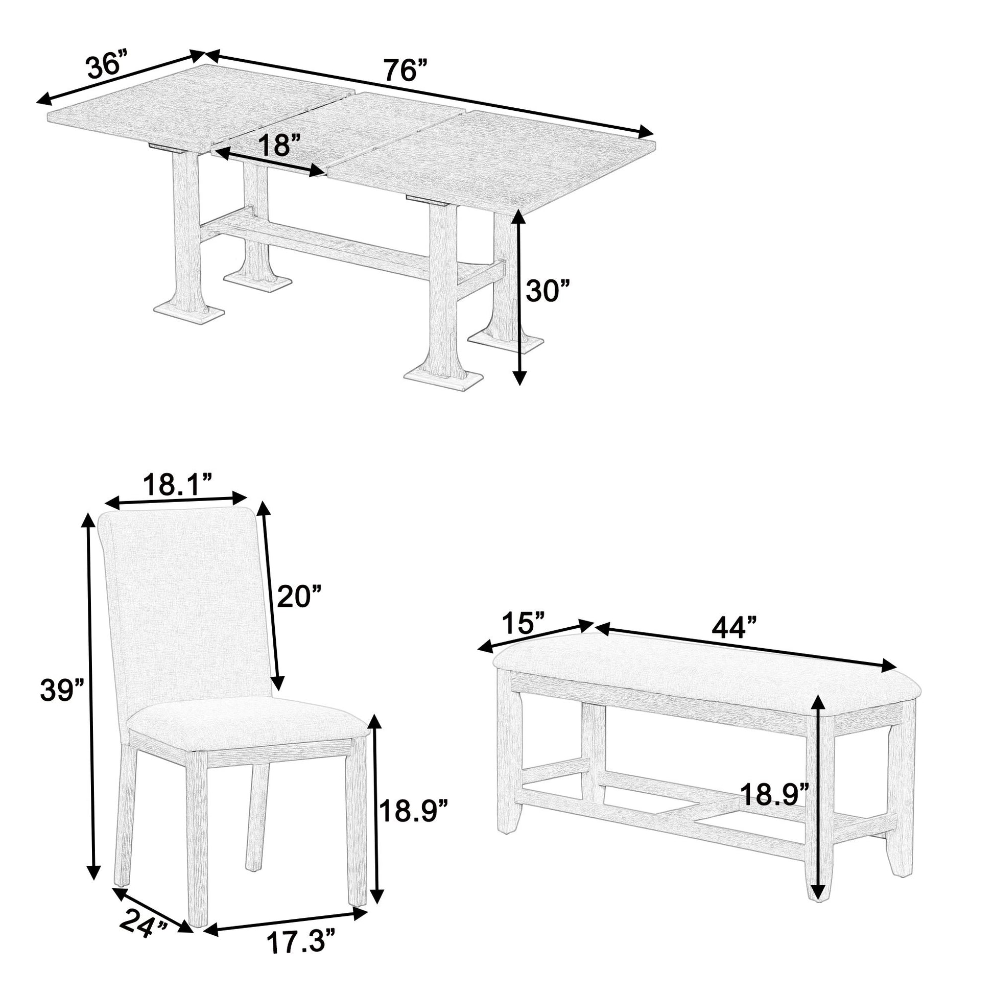 Black and white diagram of the Topmax 6 Piece Farmhouse Extendable Dining Table Set shows labeled dimensions: table 76"x36"x30", chair 39"x18.1"x24", bench 44"x15"x18.9"; arrows indicate height, width, and depth of each piece.