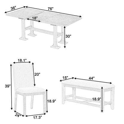 Black and white diagram of the Topmax 6 Piece Farmhouse Extendable Dining Table Set shows labeled dimensions: table 76"x36"x30", chair 39"x18.1"x24", bench 44"x15"x18.9"; arrows indicate height, width, and depth of each piece.