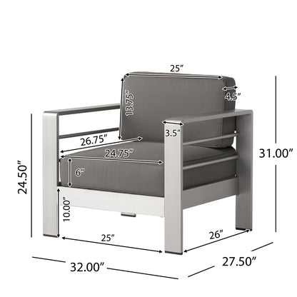 The Outdoor Aluminum Club Chair With Cushion - Gray features a metal frame and dark cushions, shown with dimensions: 32"W x 27.5"D x 31"H, seat 25"W x 24.75"D x 13.75"H, and arm height 24.5", all labeled with arrows.