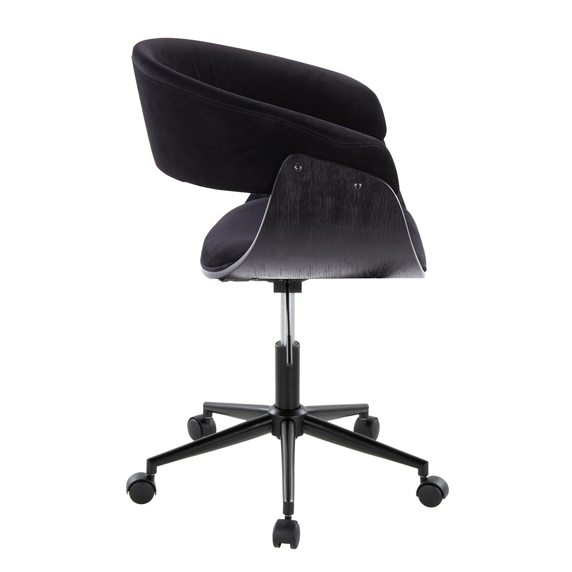 The Vintage Mod - Mid Century Modern Office Chair features a curved black seat, sleek wooden backrest, and five-wheel black metal base, shown from behind on a white background.