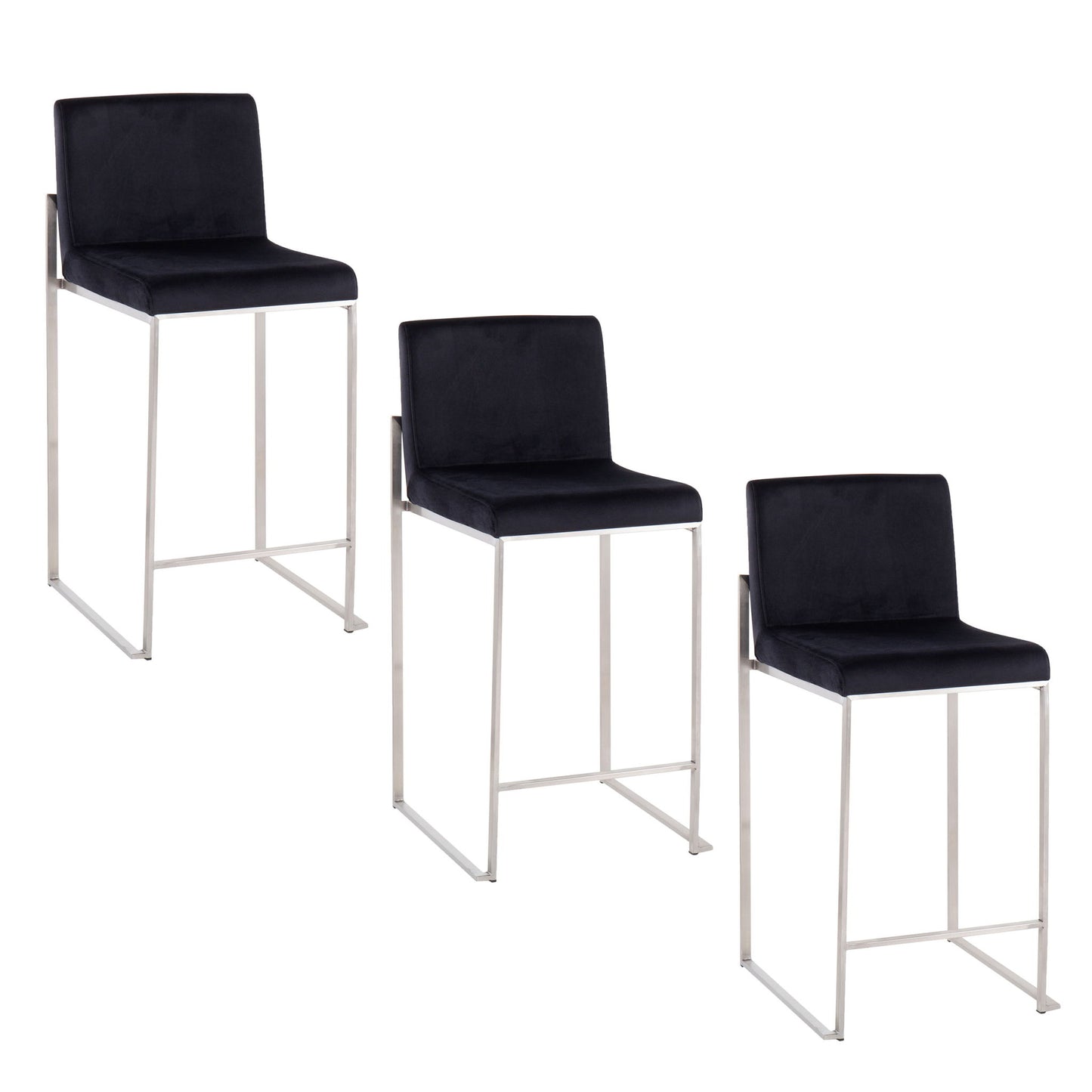 Three Fuji Contemporary High Back Counter Stools, featuring black cushioned seats and backs with sleek silver metal legs, are arranged in a staggered row on a white background.