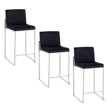 Three Fuji Contemporary High Back Counter Stools, featuring black cushioned seats and backs with sleek silver metal legs, are arranged in a staggered row on a white background.