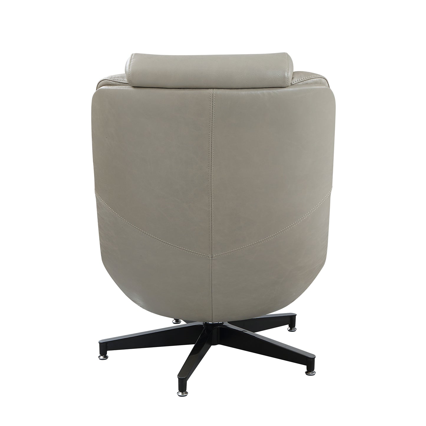 The Couch.com Piran Top Grain Leather Accent Chair features a modern style, faux leather in dark gray, padded backrest, swivel function, and a black metal base, shown from the back against a white background.