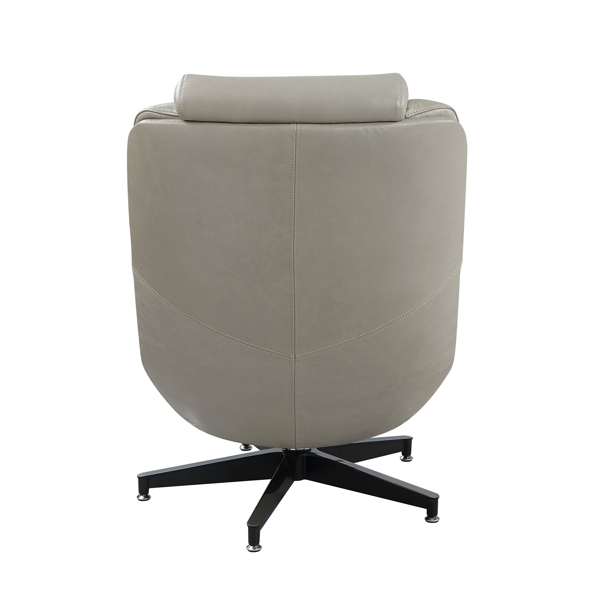 The Couch.com Piran Top Grain Leather Accent Chair features a modern style, faux leather in dark gray, padded backrest, swivel function, and a black metal base, shown from the back against a white background.