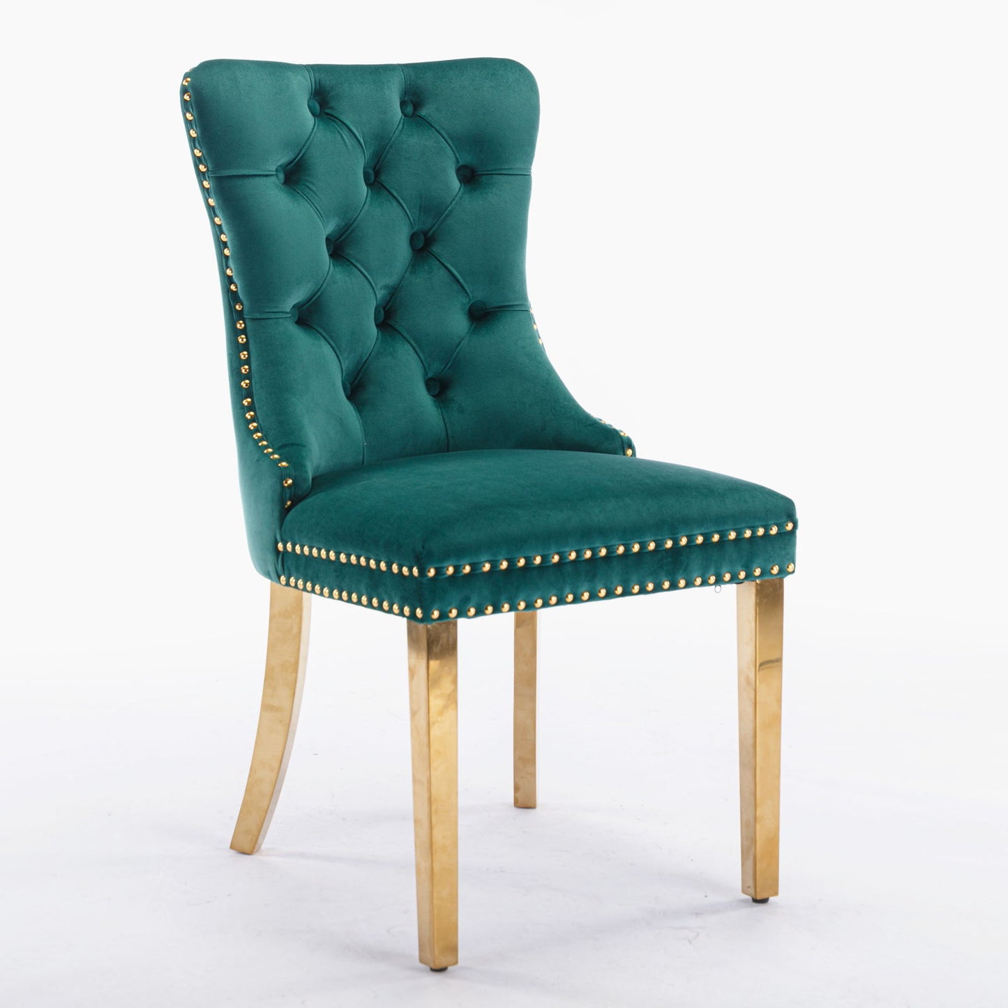 The Nikki set features modern, high-end velvet upholstered dining chairs with tufted backs, nailhead trim, and golden stainless steel plated legs, shown against a white background.