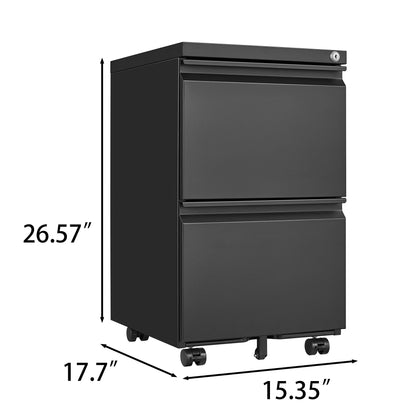 The 2 Drawer File Cabinet With Lock is a black metal under-desk rolling cabinet (26.57"H x 17.7"D x 15.35"W) for home offices, fitting Letter/Legal/A4 files; it features two drawers, a lock, modern design, and smooth wheels.