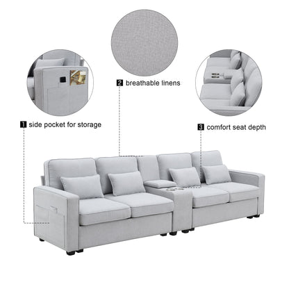 Modern linen upholstered 4-seat sofa features a console with 2 cupholders, 2 USB ports (wired/wireless charging), storage pocket, deep comfy seats, and includes 4 pillows—ideal for living rooms or apartments. Insets show pocket, fabric, and seat depth.
