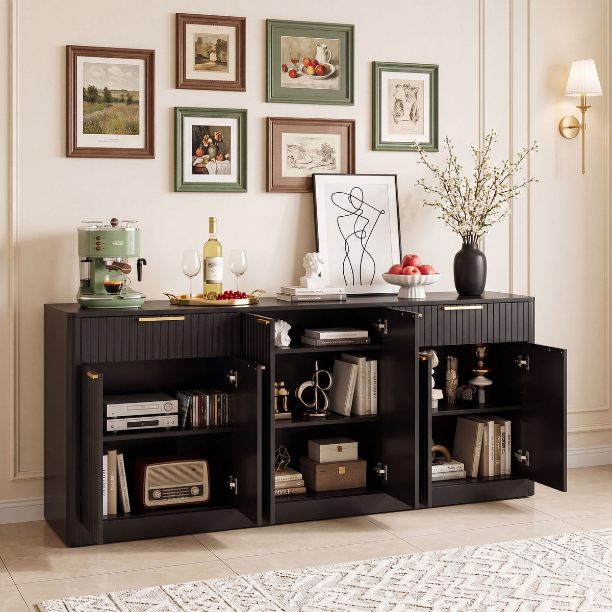 Large Fluted Buffet Sideboard, Wine Bar Storage Cabinet With 6 Doors & 2 Drawers