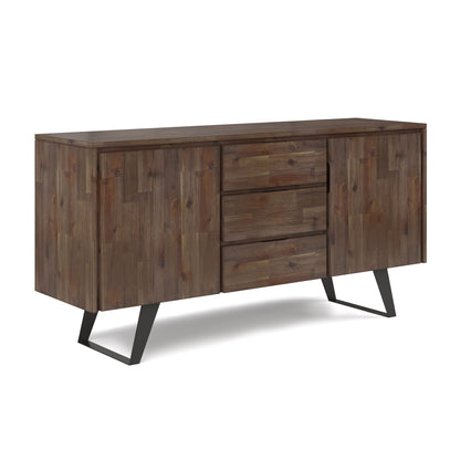 The Lowry - Handcrafted Sideboard Buffet features a dark wood finish, two side cupboards, three central drawers, and stands on angled black metal legs for a modern look.