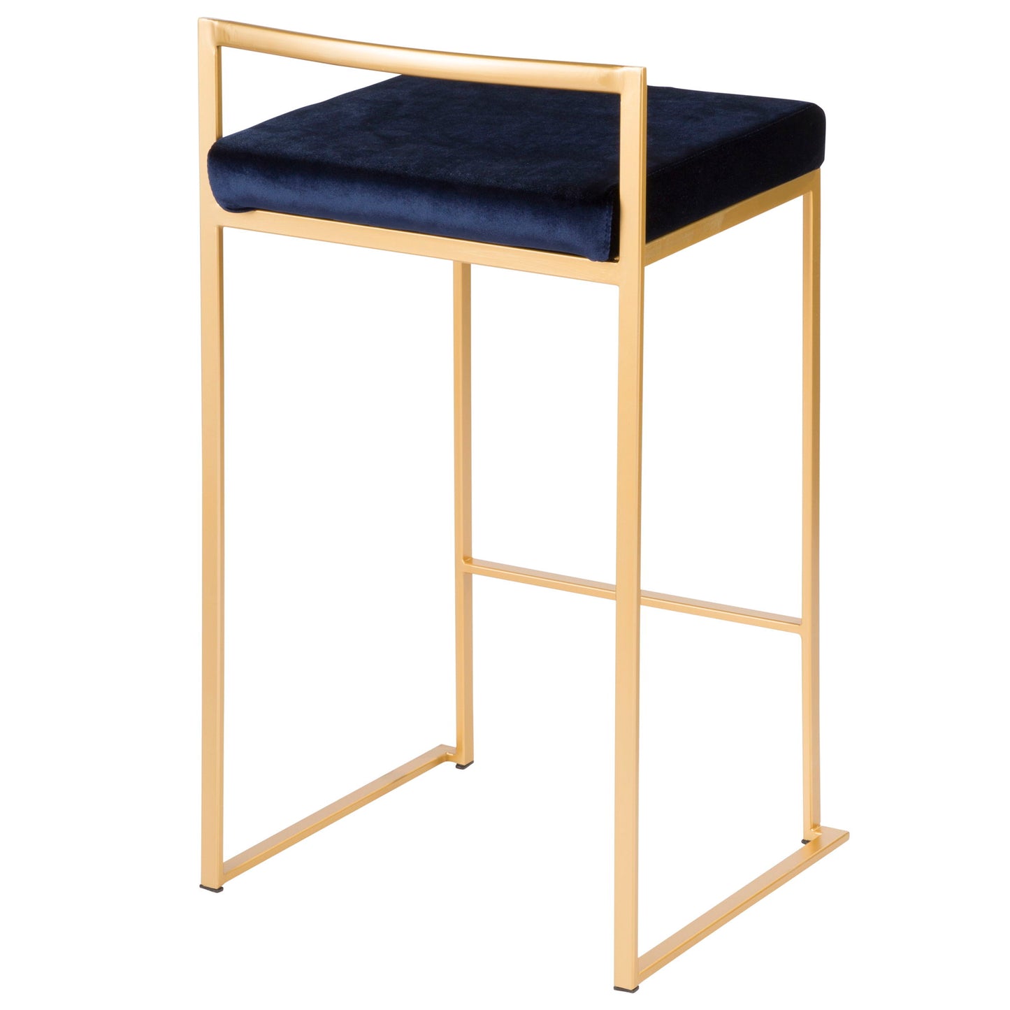 The Fuji Contemporary/Glam Design Counter Stool (Set of 2) features a gold metal frame, navy blue rectangular cushioned seat, minimalist straight lines, and an open backrest.
