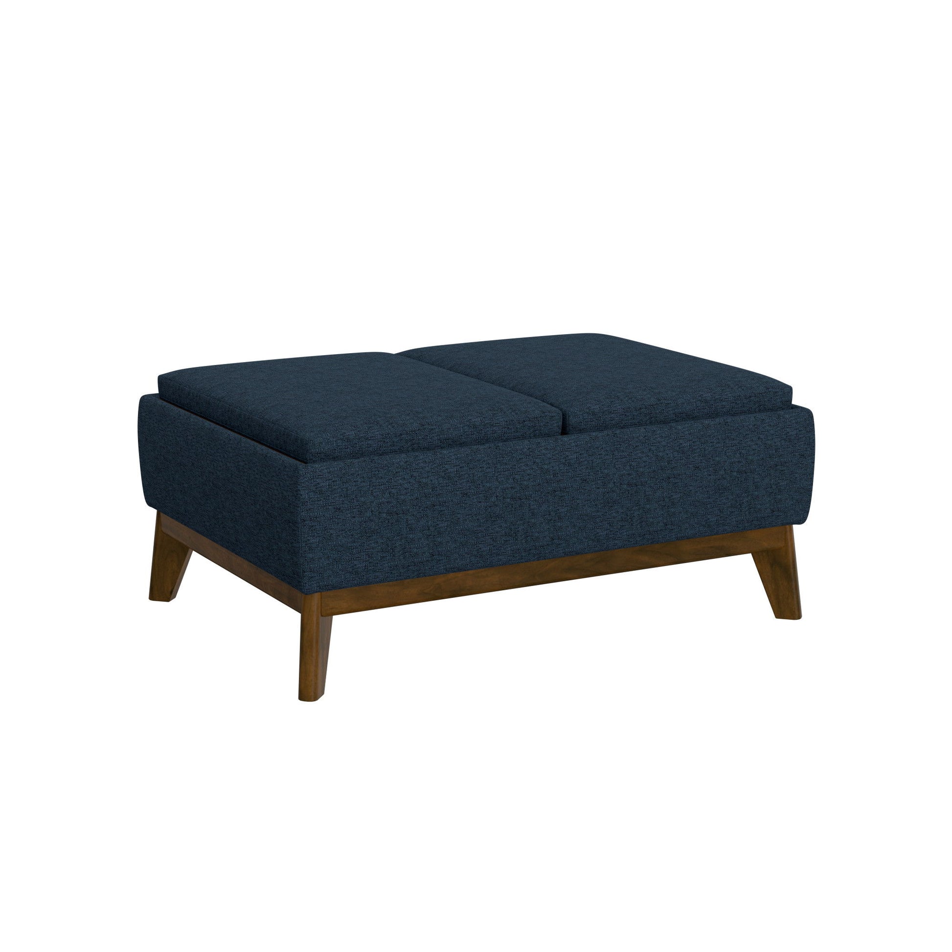 The Varia Reversible Tray Ottoman in blue features a rectangular upholstered design, wooden base with angled legs, and two cushioned sections on top.