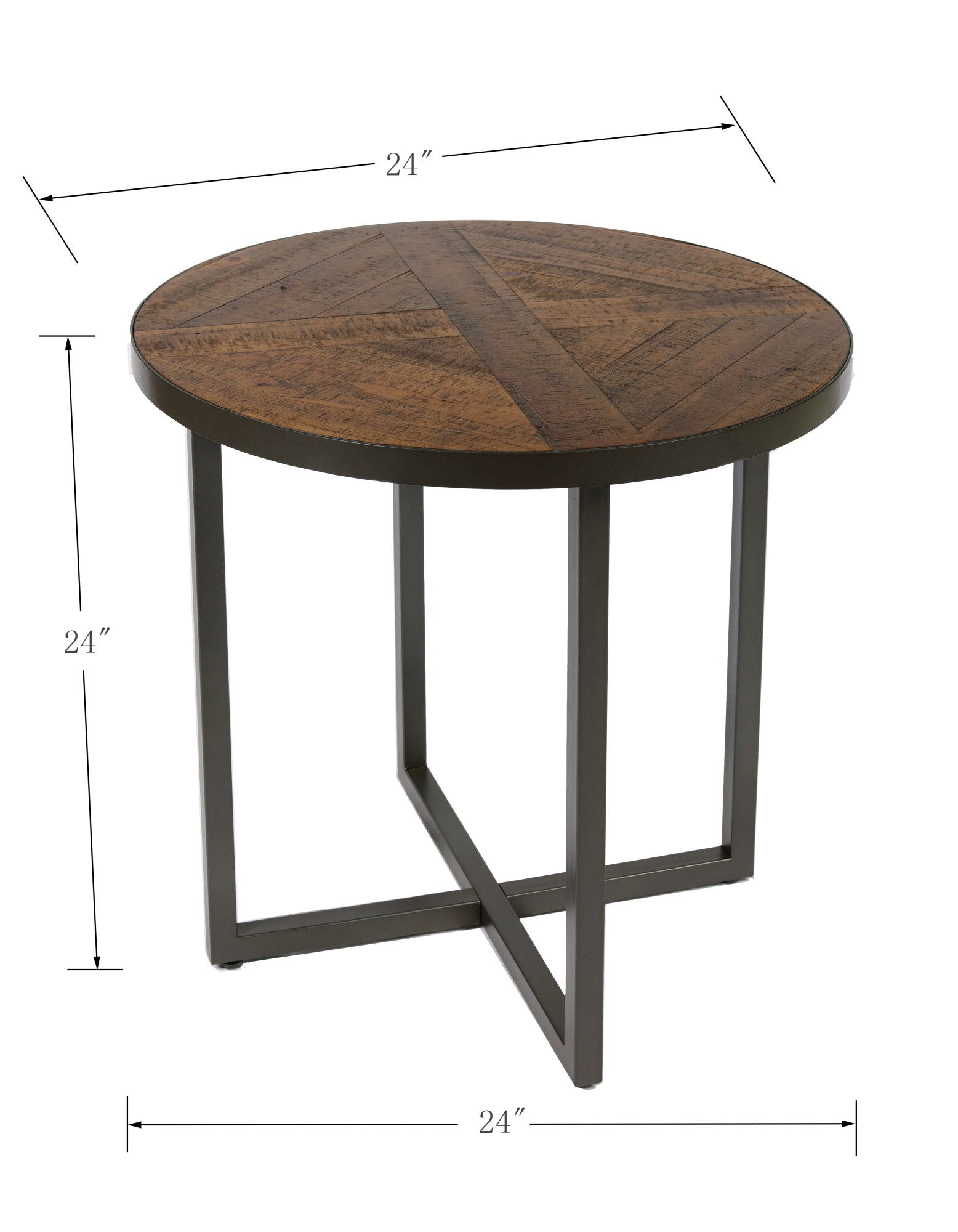 The Faro - Round Table features a geometric-patterned wood top with visible grain, a dark metal base, and measures 24" in diameter by 24" high. Measurement lines highlight the table's dimensions.
