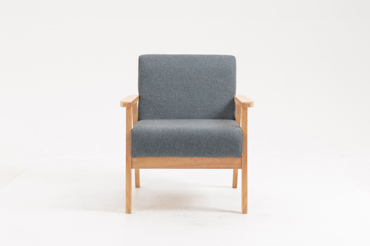 The Bahamas - Linen Fabric Chair features light wooden armrests and legs, a cushioned seat and backrest upholstered in gray linen fabric, all set against a plain white background.