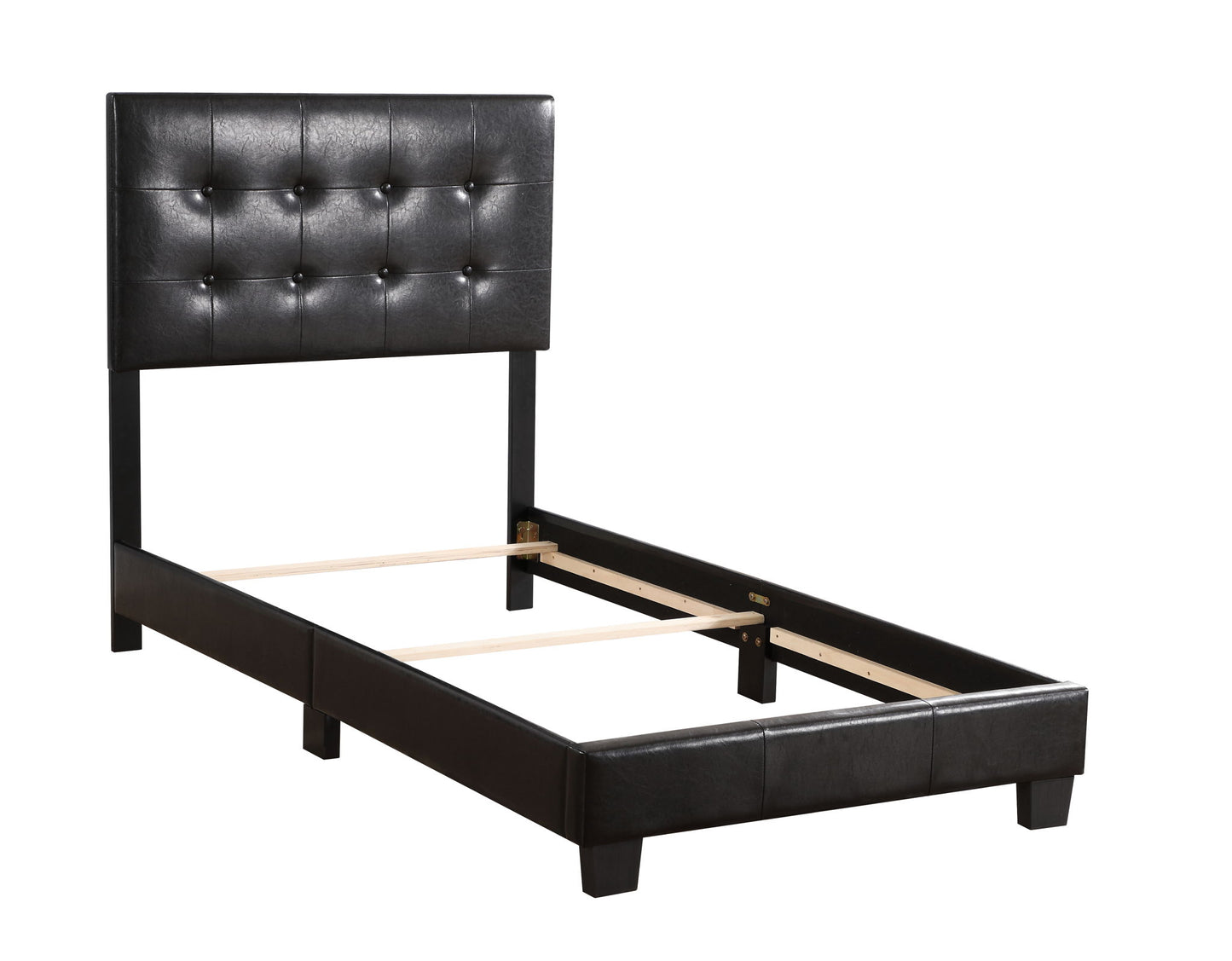 The Caldwell - Bed is a black faux leather twin frame with a tall, rectangular tufted headboard with button accents. Its minimalist design exposes wooden support slats and does not include a mattress.