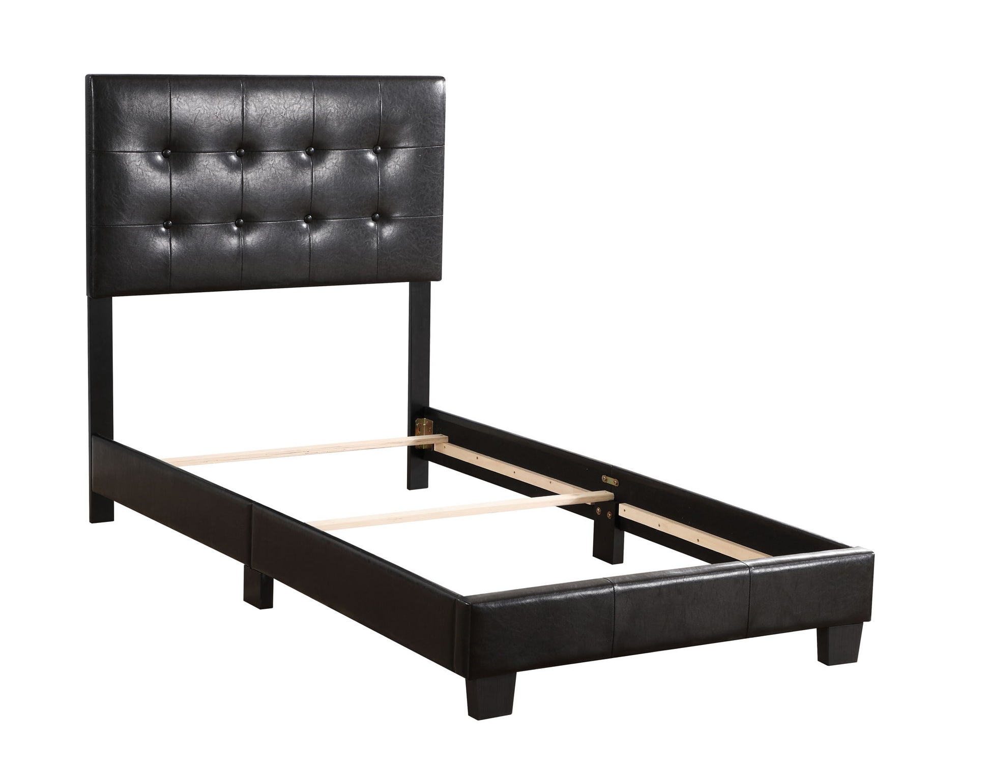 The Caldwell - Bed is a black faux leather twin frame with a tall, rectangular tufted headboard with button accents. Its minimalist design exposes wooden support slats and does not include a mattress.