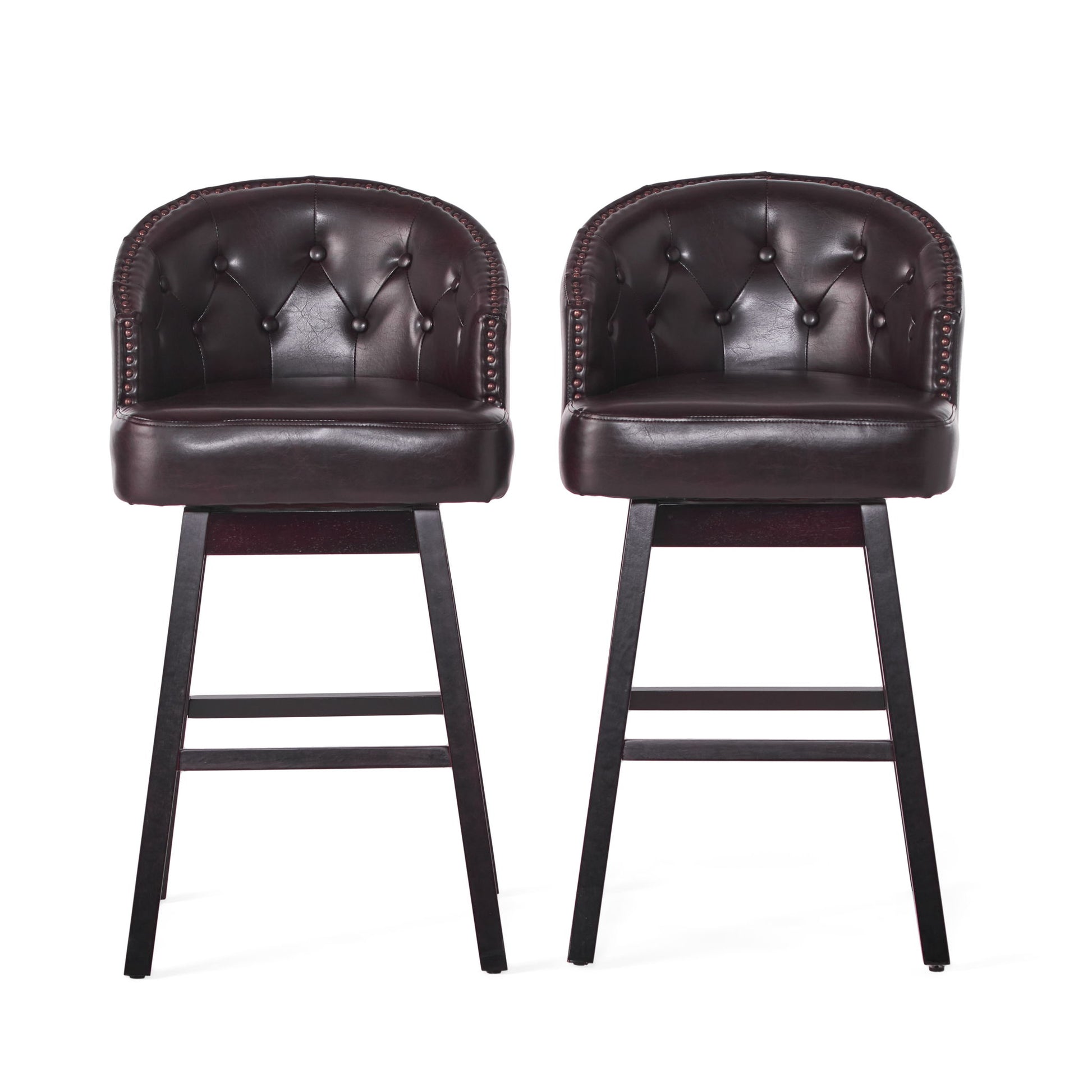 A set of two Mellifluous 360 Degree Swivel Bar Stools with tufted backs, stunning nailhead trim, and wooden legs are positioned side by side against a white background.