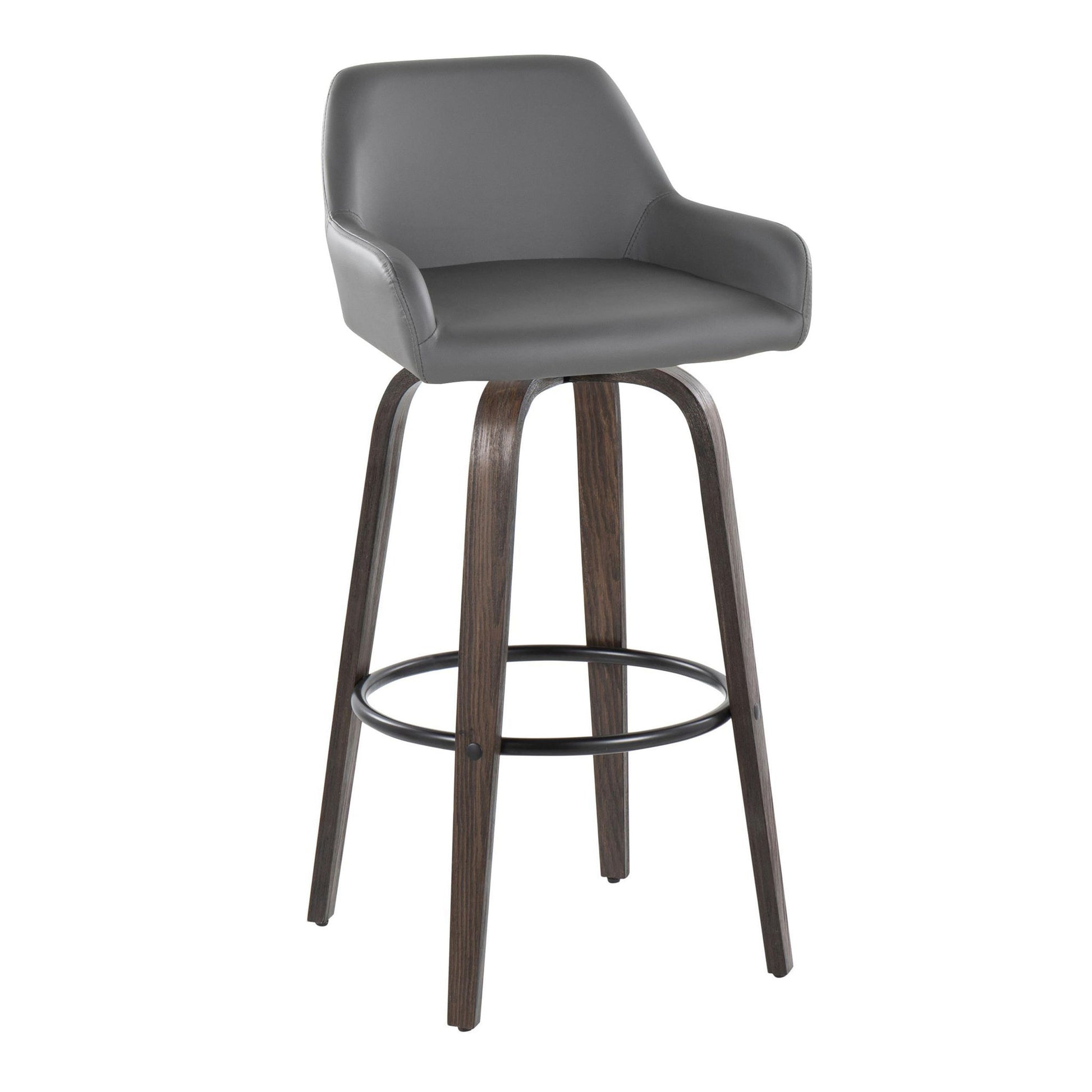 The Daniella Contemporary Fixed Height Barstool features a gray cushioned seat, low backrest, armrests, four dark wooden legs, and a round black metal footrest. Set of 2.