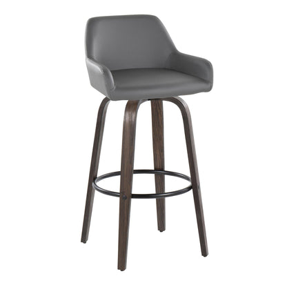 The Daniella Contemporary Fixed Height Barstool features a gray cushioned seat, low backrest, armrests, four dark wooden legs, and a round black metal footrest. Set of 2.