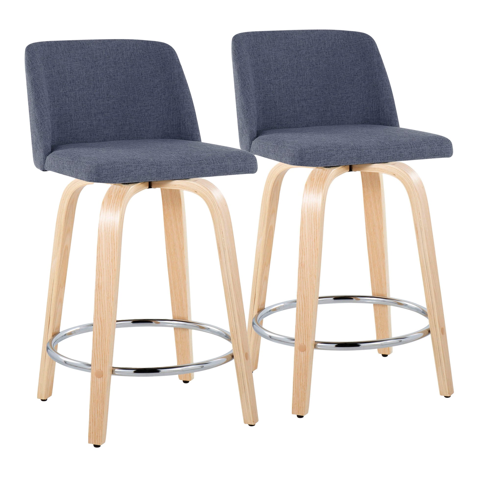 The Toriano set of 2 contemporary fixed height counter stools features swivel seats and round footrests, with light wooden legs and dark gray upholstered seats and backs, shown side by side against a white background.