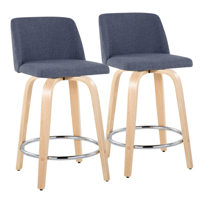 The Toriano set of 2 contemporary fixed height counter stools features swivel seats and round footrests, with light wooden legs and dark gray upholstered seats and backs, shown side by side against a white background.