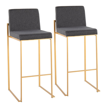 The Fuji - Contemporary Design High Back Barstool (Set of 2) features dark gray upholstered seats and backs, slim gold metal legs with footrests, offering a minimalist and modern look for your bar or kitchen space.