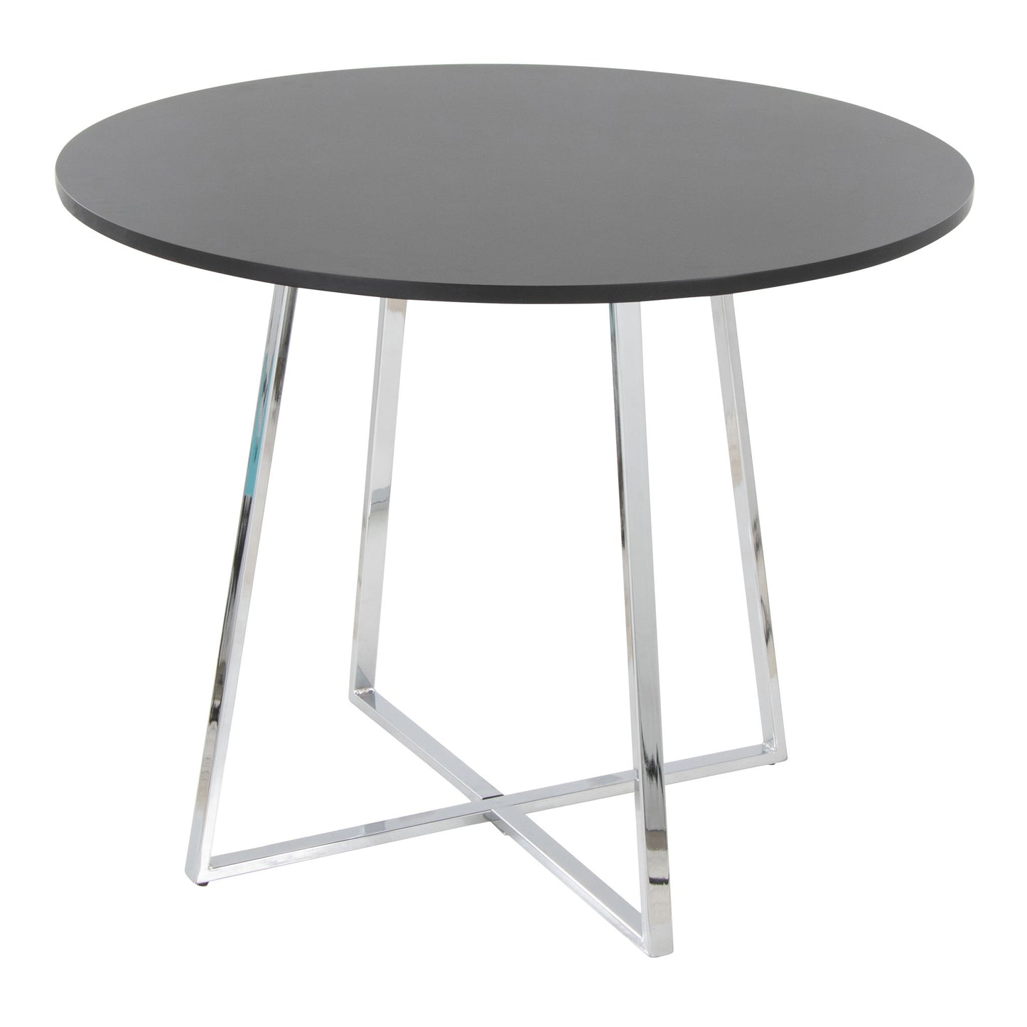 The Cosmo - Canary Contemporary Dining Table features a round dark tabletop and four angled intersecting chrome metal legs, creating a modern minimalist look. Shown against a plain white background.
