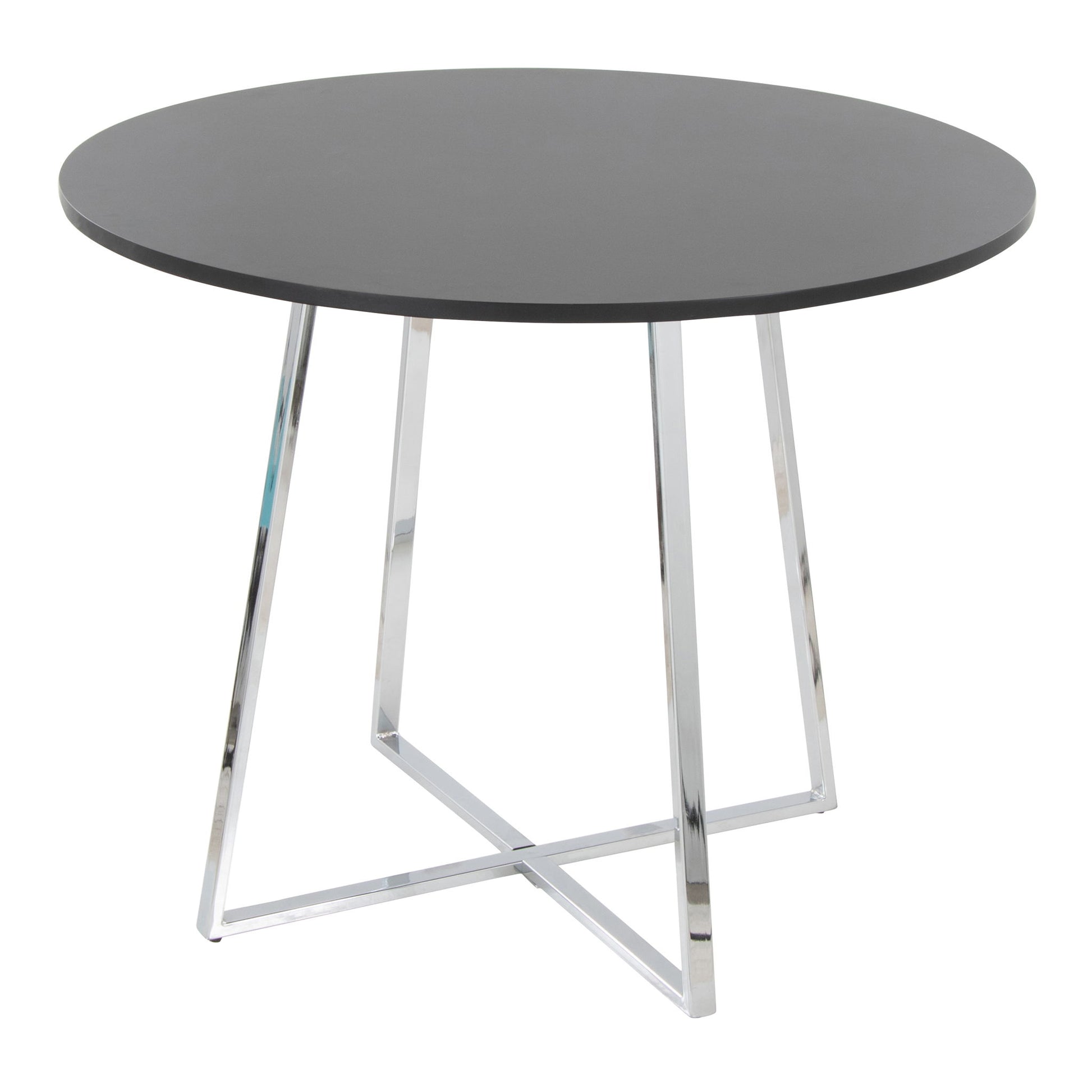 The Cosmo - Canary Contemporary Dining Table features a round dark tabletop and four angled intersecting chrome metal legs, creating a modern minimalist look. Shown against a plain white background.