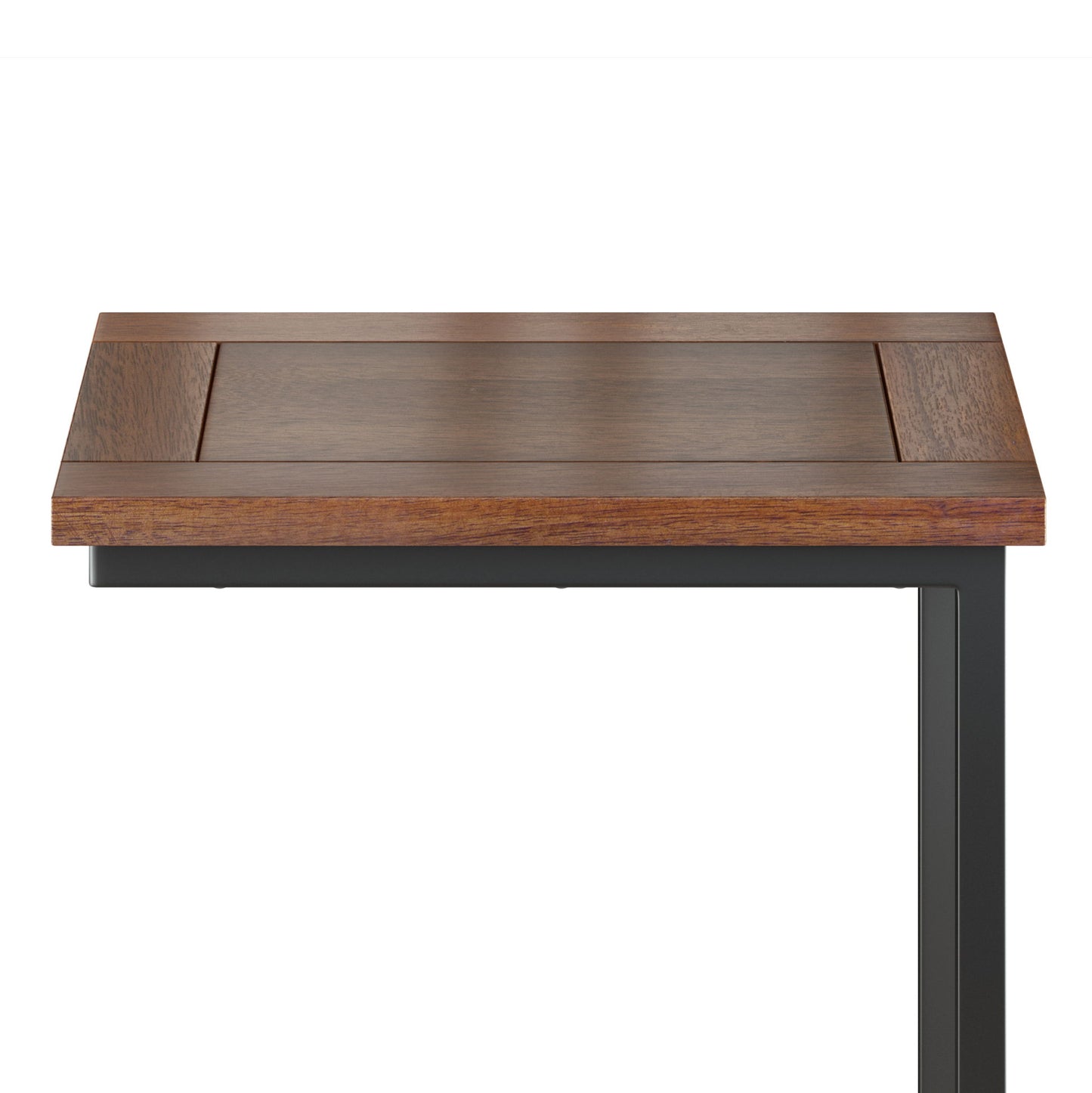 A close-up of the Skyler - Handcrafted C Side Table shows its rectangular wooden tabletop and dark metal leg against a plain white background.