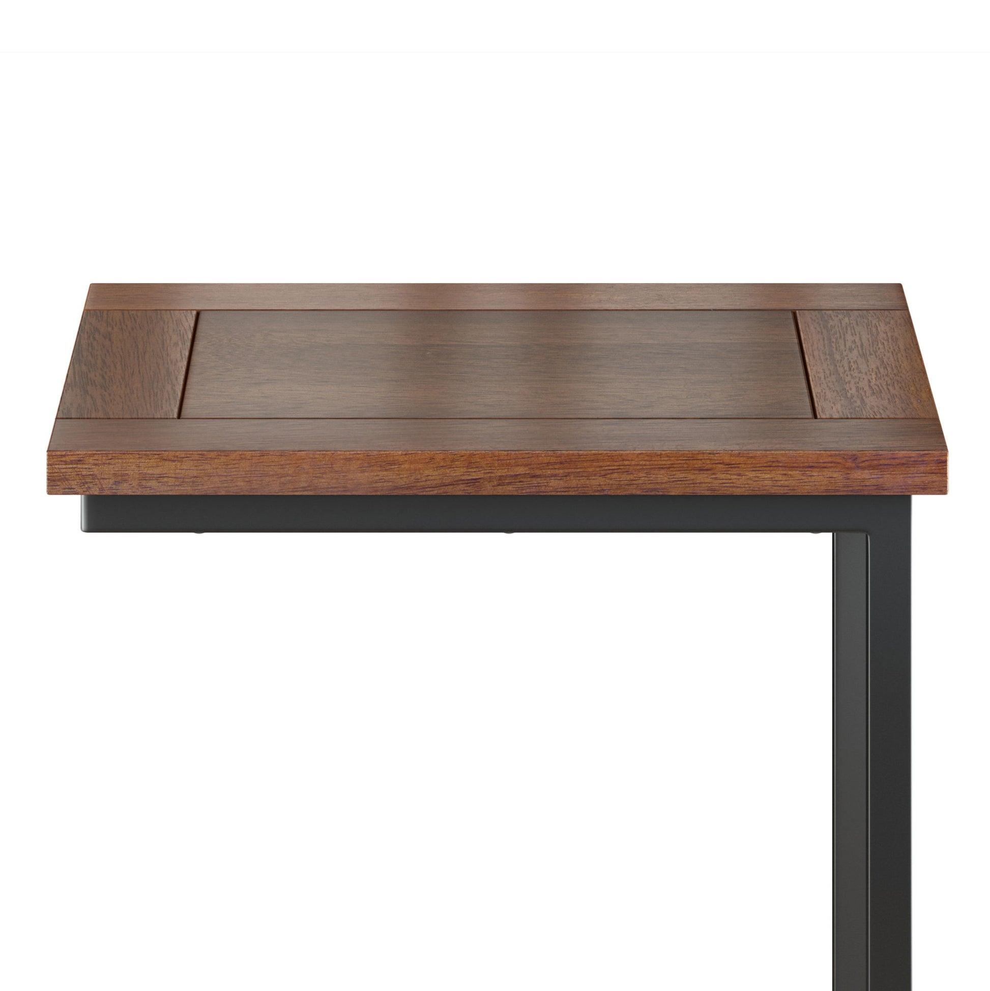A close-up of the Skyler - Handcrafted C Side Table shows its rectangular wooden tabletop and dark metal leg against a plain white background.