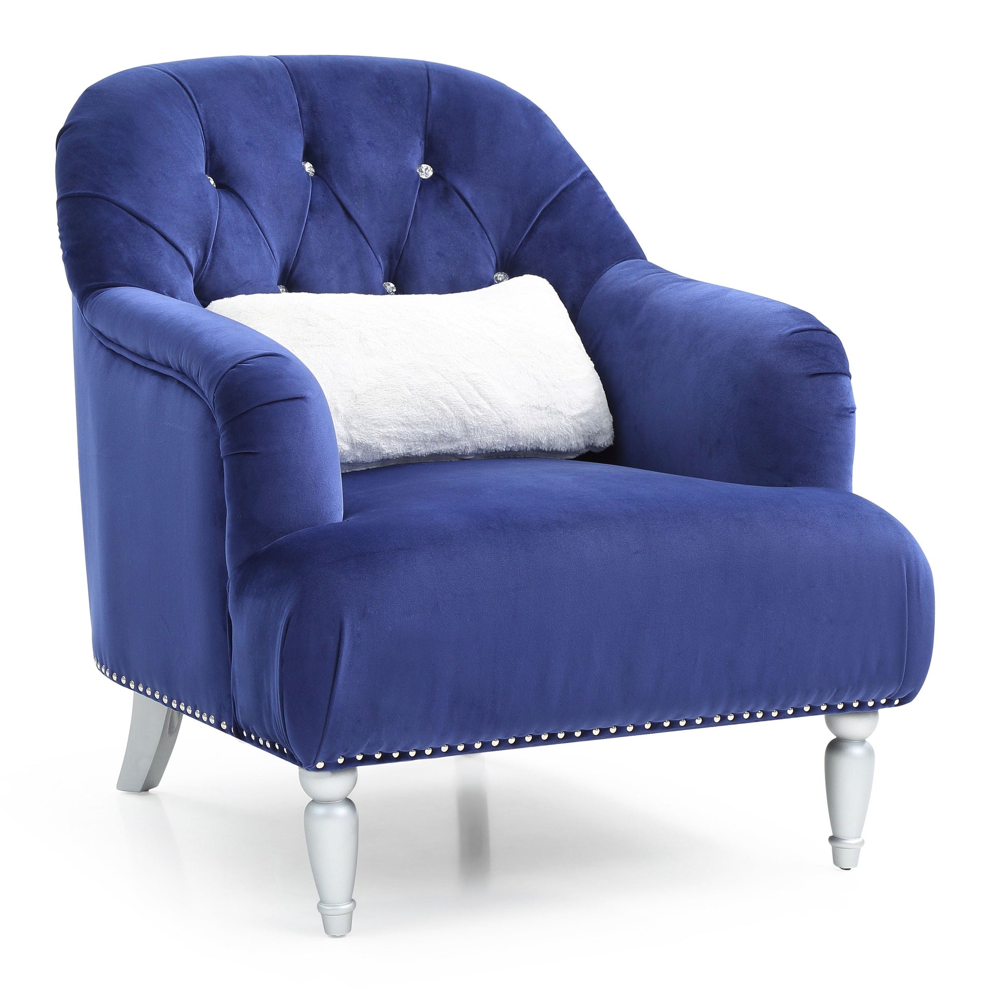 The Jewel Chair in royal blue offers a plush, velvet-like texture with tufted button accents and white legs. It features a small white cushion on the seat back for added comfort.