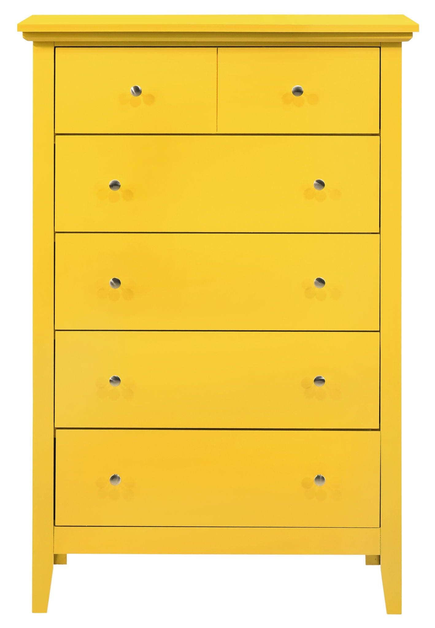 The Hammond - Chest is a tall yellow dresser with six drawers, each with two round silver knobs. It features a simple, modern design and stands on four short legs.