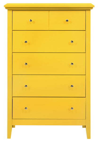 The Hammond - Chest is a tall yellow dresser with six drawers, each with two round silver knobs. It features a simple, modern design and stands on four short legs.