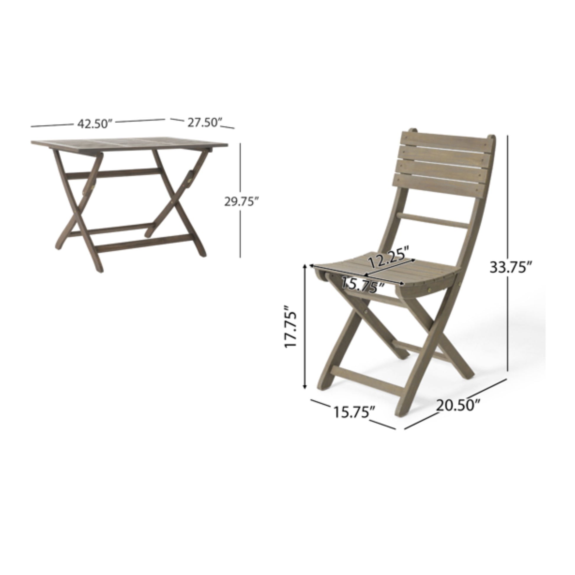 The Positano Foldable Dining Set includes a wooden table (42.5"W x 27.5"D x 29.75"H) and chairs (33.75"H x 20.5"D x 15.75"W, seat: 17.75"H x 12.25"D), all with dimensions clearly labeled for convenience.