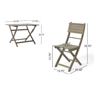 The Positano Foldable Dining Set includes a wooden table (42.5"W x 27.5"D x 29.75"H) and chairs (33.75"H x 20.5"D x 15.75"W, seat: 17.75"H x 12.25"D), all with dimensions clearly labeled for convenience.