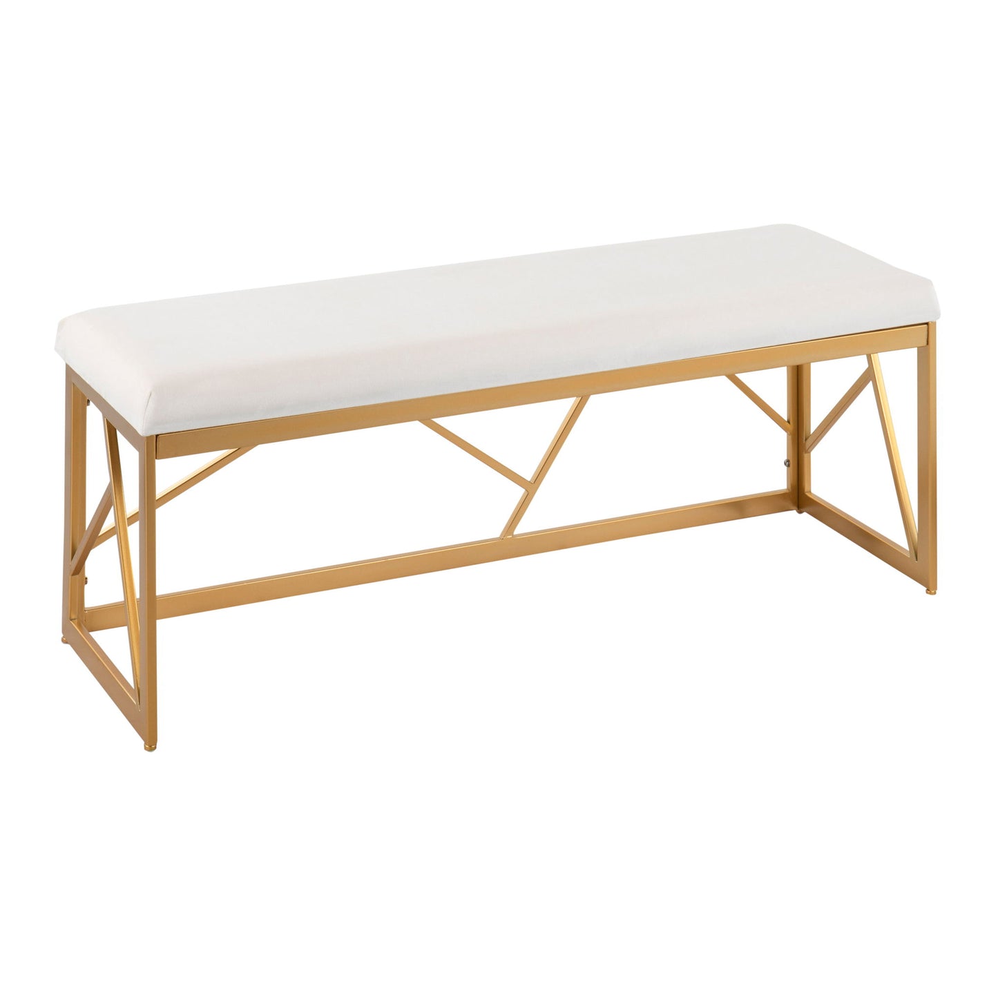 The Folia - Glam Bench features a white cushioned seat atop a gold metal geometric frame, perfectly showcased against a plain white background.
