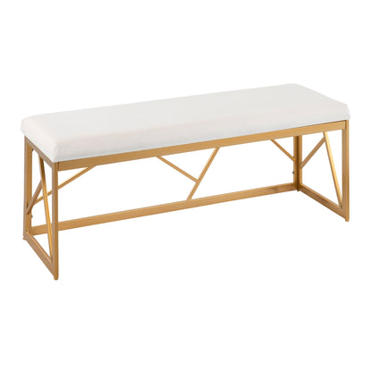The Folia - Glam Bench features a white cushioned seat atop a gold metal geometric frame, perfectly showcased against a plain white background.